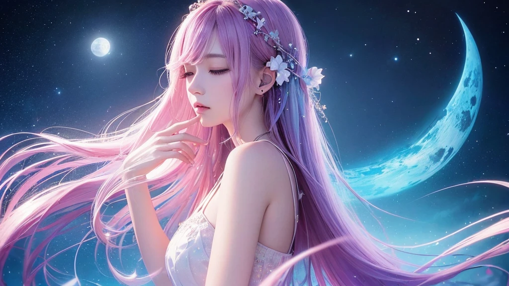 (masterpiece, top quality, best quality,watercolor (medium),official art, beautiful and aesthetic:1.2),(1girl:1.3), (fractal art:1.3),upper body, from side, looking at viewer,patterns,(rainbow color Hair,colorful hair,half blue and half pink hair:1.2),water,liquid, cloud,colorful, starry,stars,,moon,star night, "Generate an image of the character with the background changed to a fantastical night scene, like Orihime, featuring a mystical and dreamlike atmosphere with a luminous moon, sparkling stars, and an ethereal glow."Closed eyes while listening to music, There are musical notes and music marks in the background, so you can recognize that you are listening to music. There are musical notes and music marks in the background, so you can recognize that you are listening to music. There are musical notes and music marks in the background, so you can recognize that you are listening to music.wearing bigsize headphones