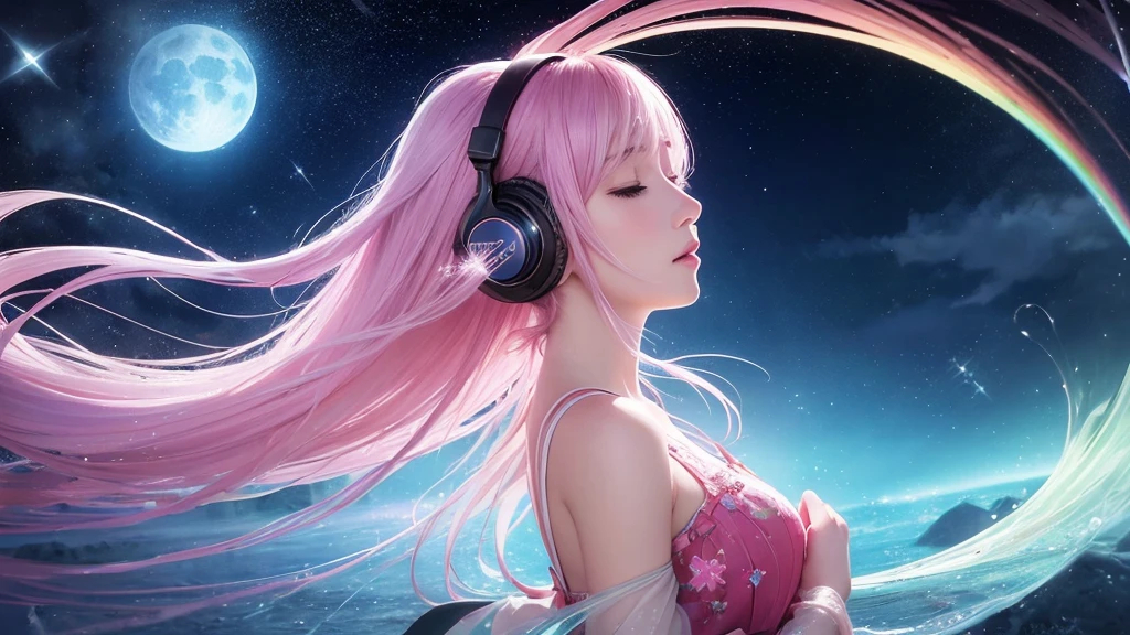 (masterpiece, top quality, best quality,watercolor (medium),official art, beautiful and aesthetic:1.2),(1girl:1.3), (fractal art:1.3),upper body, from side, looking at viewer,patterns,(rainbow color Hair,colorful hair,half blue and half pink hair:1.2),water,liquid, cloud,colorful, starry,stars,,moon,star night, "Generate an image of the character with the background changed to a fantastical night scene, like Orihime, featuring a mystical and dreamlike atmosphere with a luminous moon, sparkling stars, and an ethereal glow."Closed eyes while listening to music, There are musical notes and music marks in the background, so you can recognize that you are listening to music. There are musical notes and music marks in the background, so you can recognize that you are listening to music. There are musical notes and music marks in the background, so you can recognize that you are listening to music.wearing bigsize headphones 