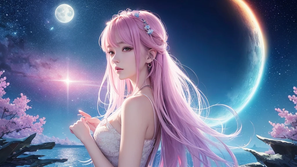 (masterpiece, top quality, best quality,watercolor (medium),official art, beautiful and aesthetic:1.2),(1girl:1.3), (fractal art:1.3),upper body, from side, looking at viewer,patterns,(rainbow color Hair,colorful hair,half blue and half pink hair:1.2),water,liquid, cloud,colorful, starry,stars,,moon,star night, "Generate an image of the character with the background changed to a fantastical night scene, like Orihime, featuring a mystical and dreamlike atmosphere with a luminous moon, sparkling stars, and an ethereal glow."Closed eyes while listening to music, There are musical notes and music marks in the background, so you can recognize that you are listening to music. There are musical notes and music marks in the background, so you can recognize that you are listening to music. There are musical notes and music marks in the background, so you can recognize that you are listening to music.wearing bigsize headphones 