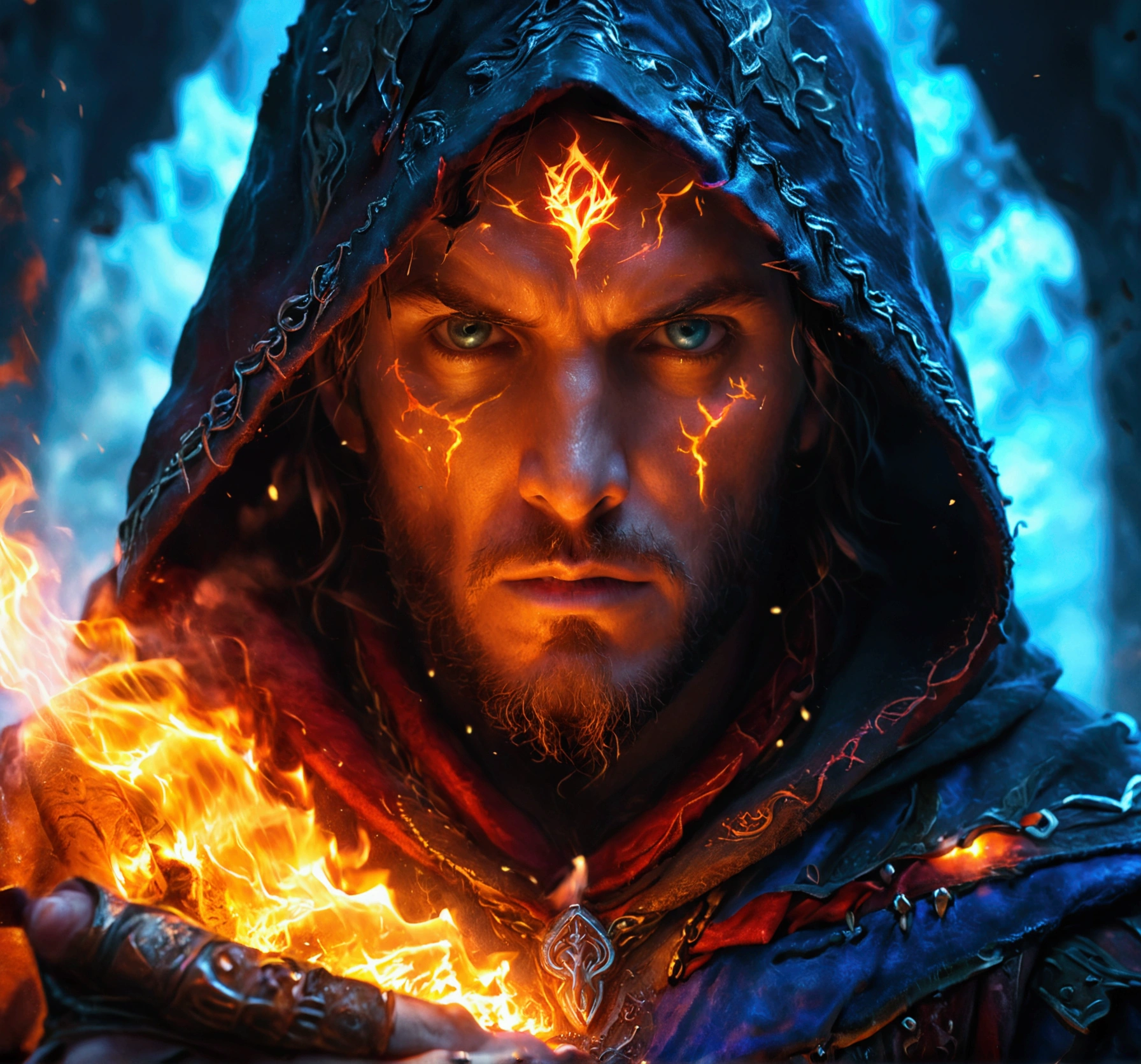 A mage man with a hood with a grimoire of fire, ice and lightning, dramatic portrait, highly detailed face, piercing eyes, powerful expression, intricate robes, epic fantasy scene, moody lighting, cinematic, dramatic colors, digital art, concept art, 8k, photorealistic, masterpiece