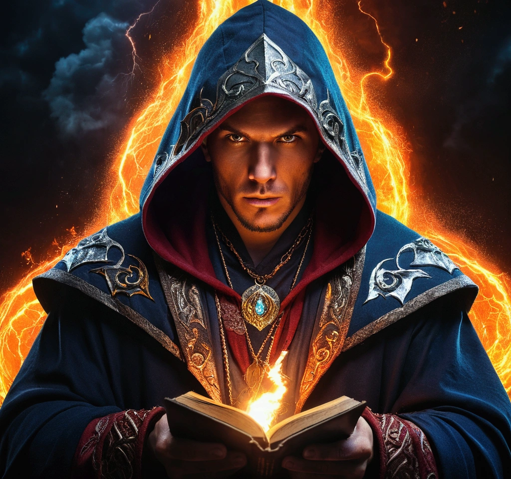 A mage man with a hood with a grimoire of fire, ice and lightning, dramatic portrait, highly detailed face, piercing eyes, powerful expression, intricate robes, epic fantasy scene, moody lighting, cinematic, dramatic colors, digital art, concept art, 8k, photorealistic, masterpiece