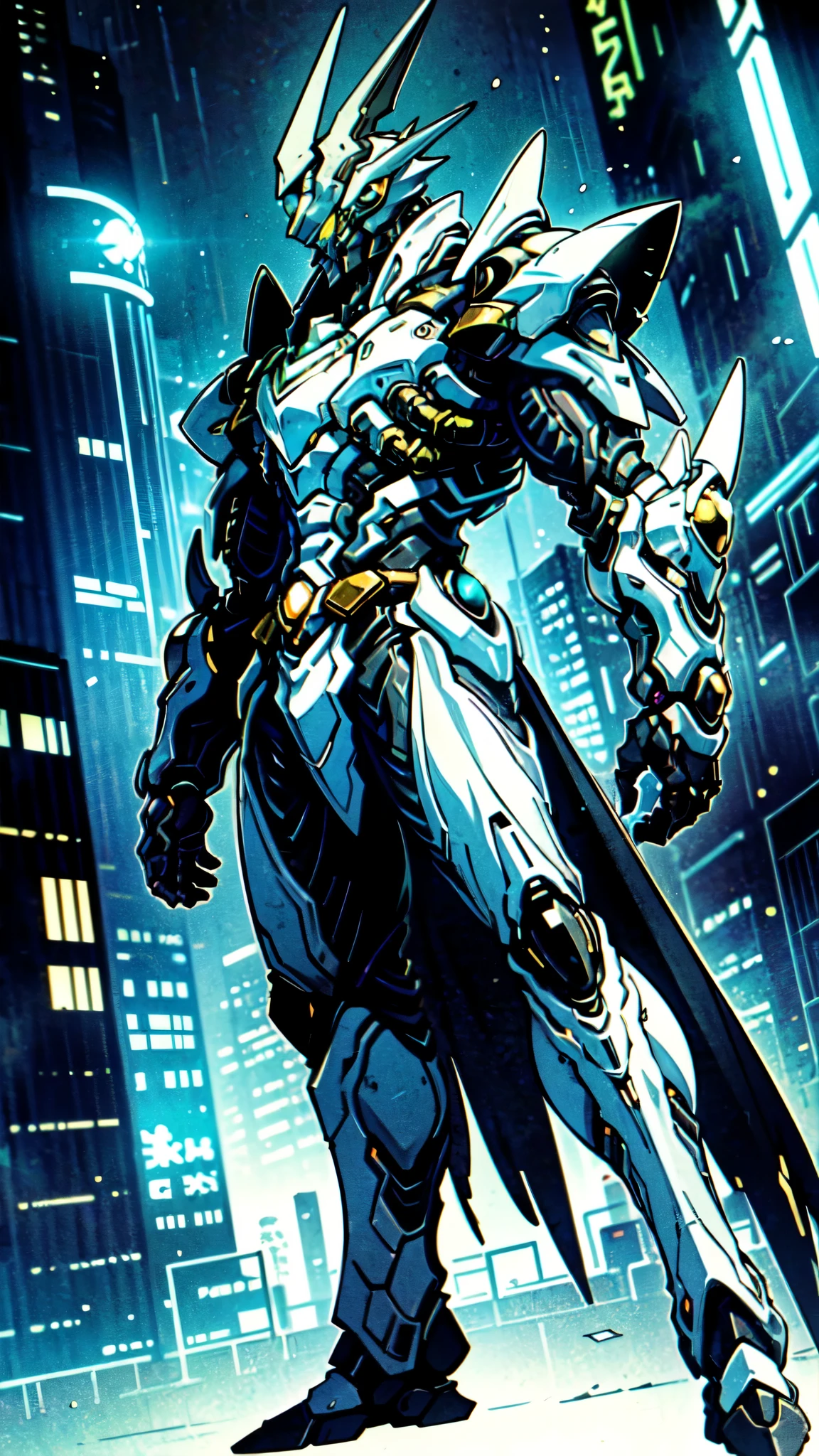 (masterpiece:1.5, best quality:1.5, extremely delicate:1.5, foreshortening:1.5, dynamic angle:1.5), a man wearing a full-face helmet, a fantasy-style biotech armored combat suit, green eyes, (a composite layered chest armor), fully enclosed shoulder guards, matching arm and leg guards, the belt is adorned with neon circuitry, (the color scheme is primarily white glow with red and blue accents), the design balances heavy with agility, a high-tech bio-mecha armor, (Armor Concept Inspired by neon Cyberpunk, stand on the top of a skyscraper in a futuristic sci-fi city), this character embodies a finely crafted fantasy-surreal style armored hero in anime style, exquisite and mature manga art style, (element, plasma, energy, the armor glows), ((male:1.5)), metallic, high definition, highres, ultra-detailed, ultra-fine painting, professional, perfect body proportions, golden ratio, anatomically correct, symmetrical face, extremely detailed eyes and face, high quality eyes, creativity, RAW photo, UHD, 32k, Natural light, cinematic lighting, masterpiece-anatomy-perfect