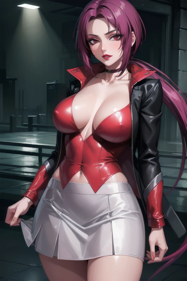 ((Highest quality)), ((masterpiece)), (Familiar), Hazy, One Woman, Mature Woman,Purple Hair, short hair, eye shadow, Low Ponytail, lipstick, Detailed face, Red eyes,Large Breasts, Black jacket, White tight skirt