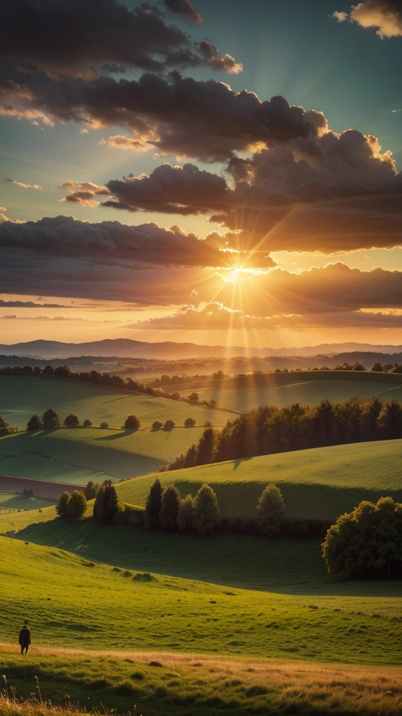 a vast lush green meadow, rolling hills, beautiful sunset sky, sun rays, silhouettes of distant trees, atmospheric lighting, cinematic composition, highly detailed, photorealistic, 8k, HDR, dramatic lighting, vivid colors, warm color palette, breathtaking landscape