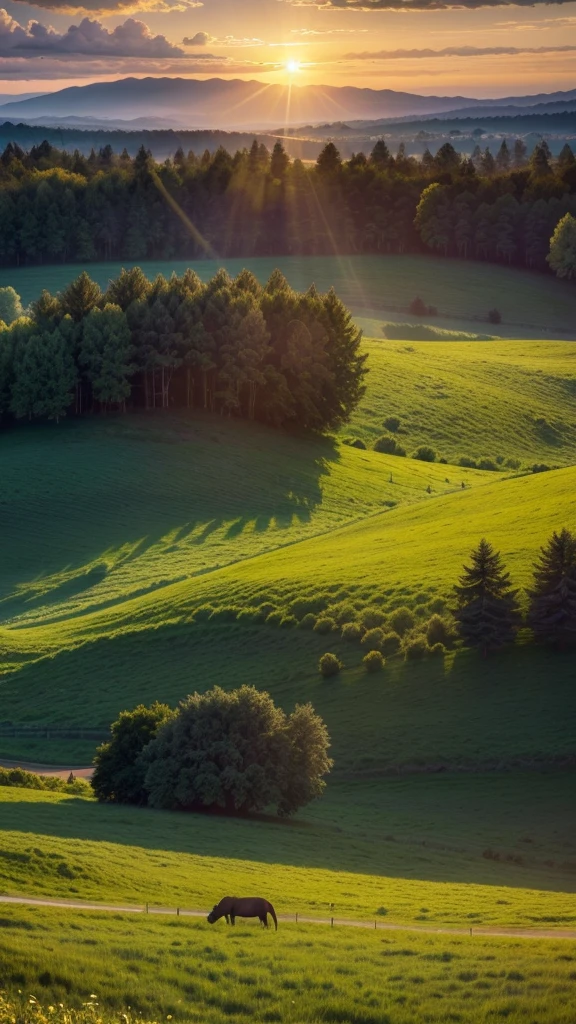 a vast lush green meadow, rolling hills, beautiful sunset sky, sun rays, silhouettes of distant trees, atmospheric lighting, cinematic composition, highly detailed, photorealistic, 8k, HDR, dramatic lighting, vivid colors, warm color palette, breathtaking landscape