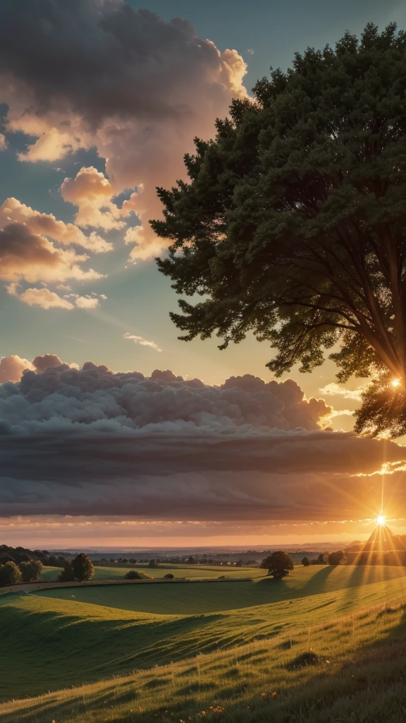a vast lush green meadow, rolling hills, beautiful sunset sky, sun rays, silhouettes of distant trees, atmospheric lighting, cinematic composition, highly detailed, photorealistic, 8k, HDR, dramatic lighting, vivid colors, warm color palette, breathtaking landscape