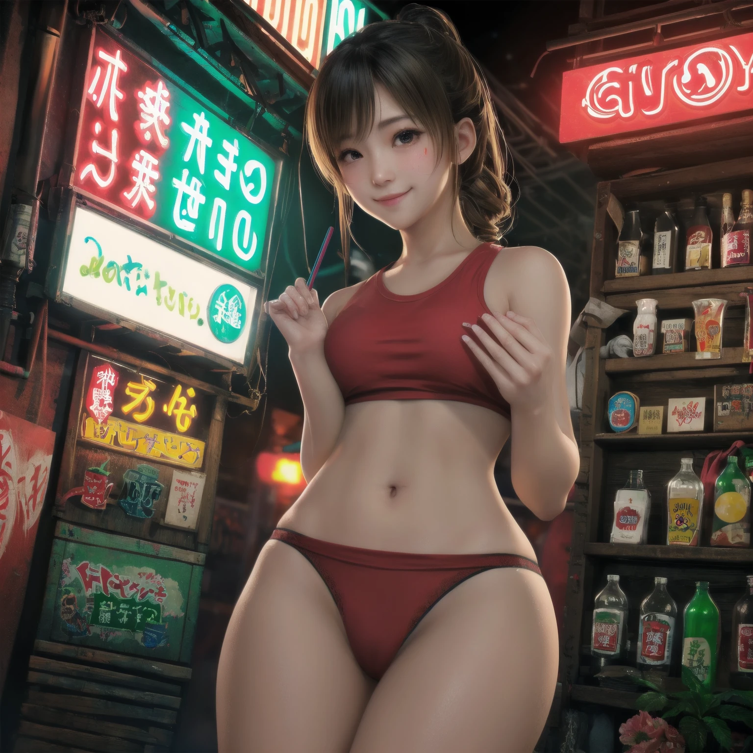 (masterpiece、Highest quality)、(Unsanitary and old underground mall)、(Japan favelas、Dirty Standing Tavern)、((stage))、(A girl helping out at the store、smile、fun)、(Poor conditions)、Shady Red Light District、Tank top、Panties、shaved ice、Sale of drinks、(stage)、smile、Happy schoolchildren、Perfect Anatomy