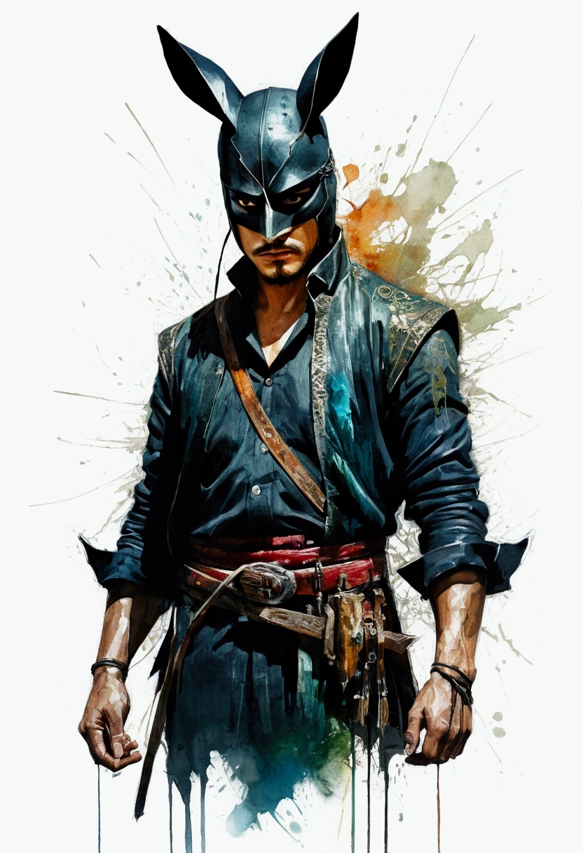 Zorro is a boy, Perfect centralization, rabbit (Franco)by downey, Standing, Abstract Beauty, Center, Looking at the camera, Facing the camera, Nearly perfect, sad, despair, whole body, Put your hands on her head, Dynamic, Very detailed, seed, Sharp focus, 8K, HD resolution, illustration, Art by Carne Griffiths and Wadim Kashin, White background, Vibrant colors