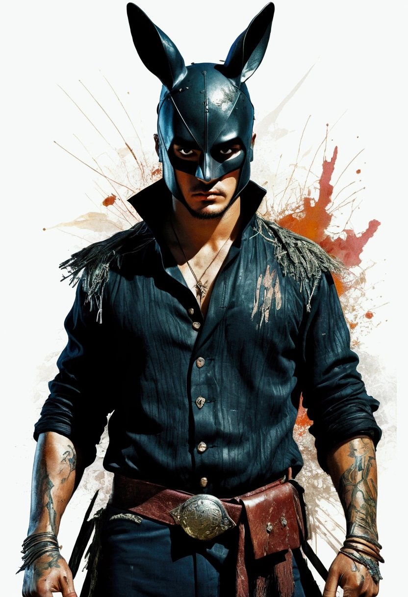 Zorro is a boy, Perfect centralization, rabbit (Franco)by downey, Standing, Abstract Beauty, Center, Looking at the camera, Facing the camera, Nearly perfect, sad, despair, whole body, Put your hands on her head, Dynamic, Very detailed, seed, Sharp focus, 8K, HD resolution, illustration, Art by Carne Griffiths and Wadim Kashin, White background, Vibrant colors