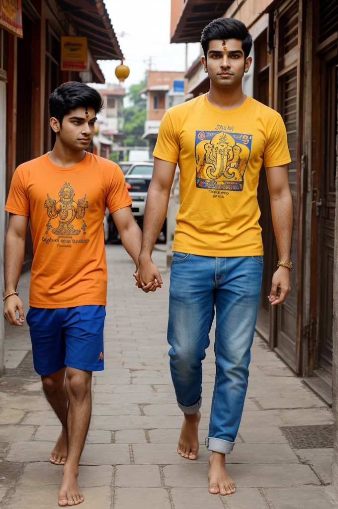 20 years old boy walking and holding hands of lord Ganesha and boy is wearing saffron Tshirt with name "Varun and boy is bare feet ....