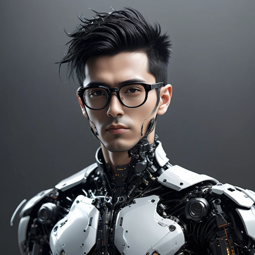 Male robot body hair with black-rimmed glasses with undercut hair, Look to the camera ::futuristic cyberpunk style ,realistic styling ::n_digital painting style, robotic parts, face perfect::seed 1、Black Edged Hair、large nose、Black-based clothing, photo by full body, White background