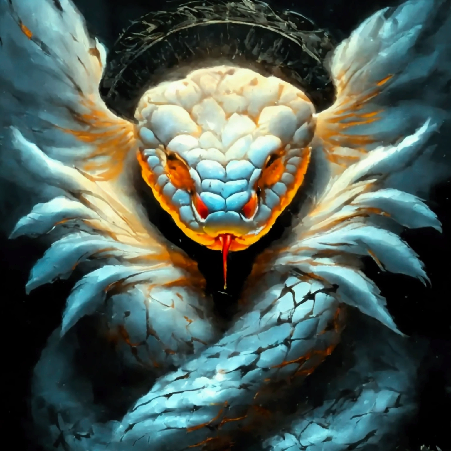 A snake circles and eats its own tail, In the center of the circle is a large eye of God, To the right of the snake angel's wing, And on the left are the devil's wings, Above the snake is a sacred halo full of eyes.