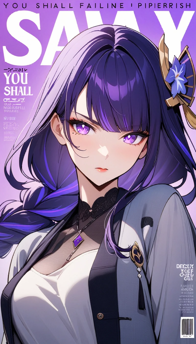 masterpiece, best quality, 1girl, milf, fashion Magazine Cover, portrait, Raiden Shogun Genshin Impact, purple hair, braided hair, fashion, (deep cleavege), fierce pose, medium shot, majestic, depth, (text say "YOU SHALL PHERISH!!"), japanese casual clothes, open jacket