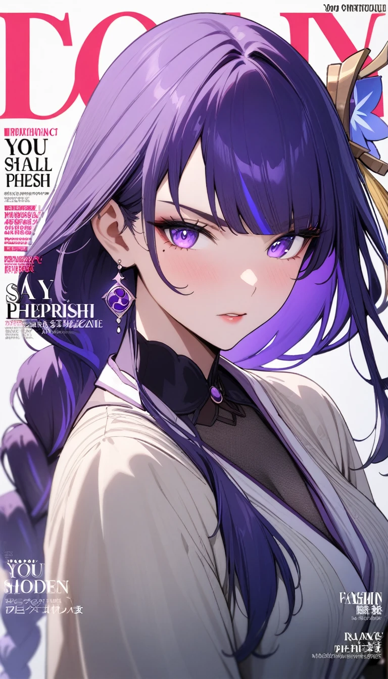 masterpiece, best quality, 1girl, milf, fashion Magazine Cover, portrait, Raiden Shogun Genshin Impact, purple hair, braided hair, fashion, (deep cleavege), fierce pose, medium shot, majestic, depth, (text say "YOU SHALL PHERISH!!"), japanese casual clothes, open jacket