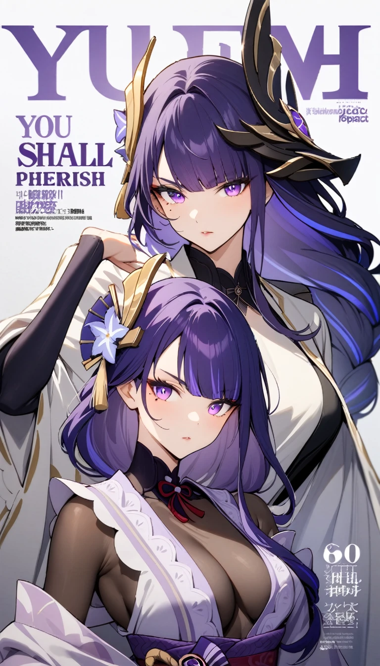 masterpiece, best quality, 1girl, , fashion Magazine Cover, portrait, Raiden Shogun Genshin Impact, purple hair, braided hair, fashion, (deep cleavege), fiere, medium shot, majestic, depth, (text say "YOU SHALL PHERISH!!"), japanese casual clothes, open jacket