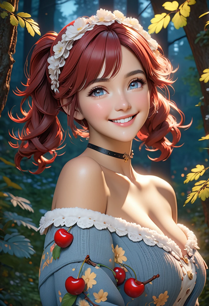 masterpiece, best quality, highly detailed, 1girl, solo, twintails, off-shoulder sweater, cherry red hair. choker, jacket, hairband, looking at viewer, smile, blush, Wide Smile, Eyes Detailed & Wide, sexy Pose. Ultra HD, Rococo-Inspired Fantasy Art With Intricate Details. Cute, Charming Expression, Alluring-Gaze, looking at viewer Beautiful Eyes, An-Ideal-Figure. Large Youthful Well-Shaped-Breasts, Massive-Round-Bosom, Décolletage. slim waist, fit body, full lipsWarm lights , woman in a dreamy forest at night, with fluffy hair, delicate face, realistic, real, slim, large aperture, sexy shots, attractive poses,Stunnin gly beautiful merge of  jay Leno. symmetrical face, photorealistic, photography, path tracing, specular lighting, volumetric face light, path traced hairmaximum quality{(masutepiece) (8K High Resolution) (top-quality) In the style of breath of the wild.
