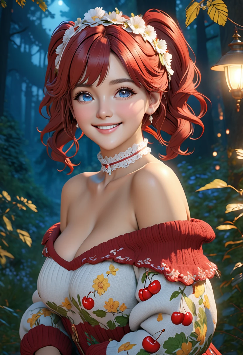 masterpiece, best quality, highly detailed, 1girl, solo, twintails, off-shoulder sweater, cherry red hair. choker, jacket, hairband, looking at viewer, smile, blush, Wide Smile, Eyes Detailed & Wide, sexy Pose. Ultra HD, Rococo-Inspired Fantasy Art With Intricate Details. Cute, Charming Expression, Alluring-Gaze, looking at viewer Beautiful Eyes, An-Ideal-Figure. Large Youthful Well-Shaped-Breasts, Massive-Round-Bosom, Décolletage. slim waist, fit body, full lipsWarm lights , woman in a dreamy forest at night, with fluffy hair, delicate face, realistic, real, slim, large aperture, sexy shots, attractive poses,Stunnin gly beautiful merge of  jay Leno. symmetrical face, photorealistic, photography, path tracing, specular lighting, volumetric face light, path traced hairmaximum quality{(masutepiece) (8K High Resolution) (top-quality) In the style of breath of the wild.
