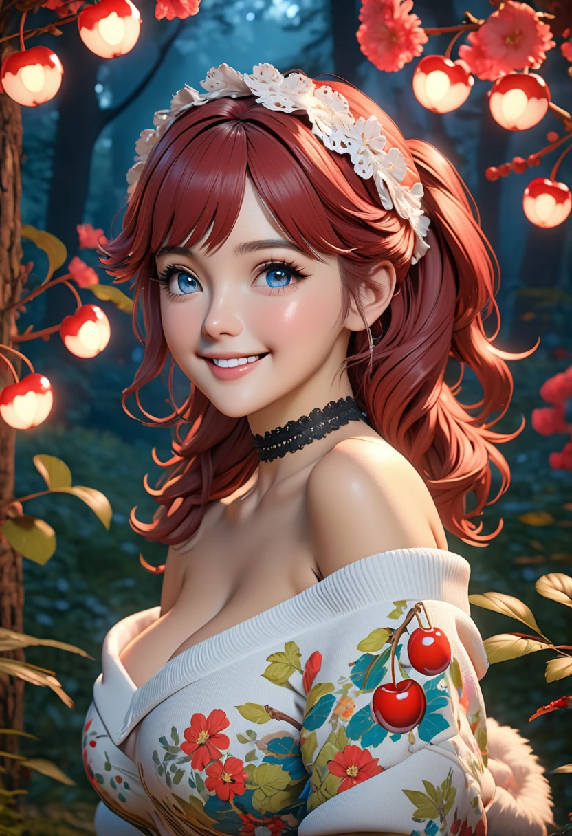 masterpiece, best quality, highly detailed, 1girl, solo, twintails, off-shoulder sweater, cherry red hair. choker, jacket, hairband, looking at viewer, smile, blush, Wide Smile, Eyes Detailed & Wide, sexy Pose. Ultra HD, Rococo-Inspired Fantasy Art With Intricate Details. Cute, Charming Expression, Alluring-Gaze, looking at viewer Beautiful Eyes, An-Ideal-Figure. Large Youthful Well-Shaped-Breasts, Massive-Round-Bosom, Décolletage. slim waist, fit body, full lipsWarm lights , woman in a dreamy forest at night, with fluffy hair, delicate face, realistic, real, slim, large aperture, sexy shots, attractive poses,Stunnin gly beautiful merge of jay Leno. symmetrical face, photorealistic, photography, path tracing, specular lighting, volumetric face light, path traced hairmaximum quality{(masutepiece) (8K High Resolution) (top-quality) In the style of breath of the wild.