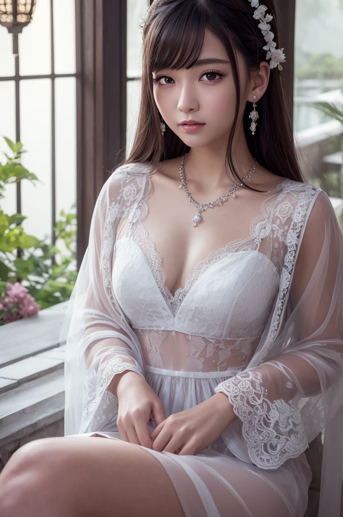 最high quality, masterpiece, High resolution, One girl, transparent lace china dress, Cotton robes, hair ornaments, smile, Mouth closed,lips, dress,hair ornaments, necklace, jewelry, Chinese clothing, Long Hair, Earrings, Beautiful eyes in every detail,Fine eyelashes, Beautiful Face,On top of that_body, Tyndall effect,Realistic, Rim Light, Two-tone lighting,(Skin with attention to detail:1.2), 8K Ultra HD, Digital SLR, Soft lighting, high quality, Volumetric lighting, Frank, photograph, High resolution, 4K, 8K, Bokeh, in the garden, it's snowing, winter, (Huge breasts:1.25)