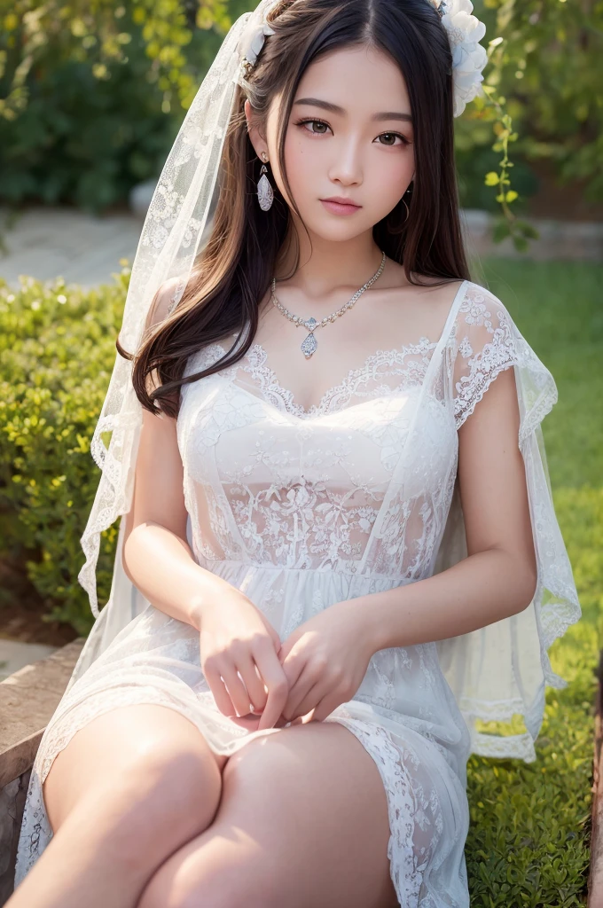 最high quality, masterpiece, High resolution, One girl, transparent lace china dress, Cotton robes, hair ornaments, smile, Mouth closed,lips, dress,hair ornaments, necklace, jewelry, Chinese clothing, Long Hair, Earrings, Beautiful eyes in every detail,Fine eyelashes, Beautiful Face,On top of that_body, Tyndall effect,Realistic, Rim Light, Two-tone lighting,(Skin with attention to detail:1.2), 8K Ultra HD, Digital SLR, Soft lighting, high quality, Volumetric lighting, Frank, photograph, High resolution, 4K, 8K, Bokeh, in the garden, it's snowing, winter, (Huge breasts:1.25)