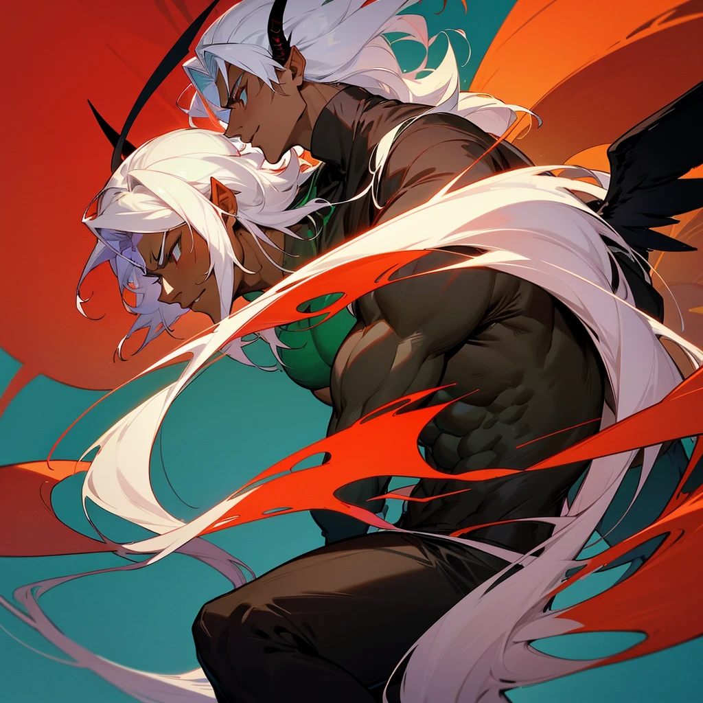 Male character, handsome, dark skin, black wings, wearing a red suit, long white hair, emerald green eyes, his appearance is that of a fire demon, his body is that of a fire demon with giant horns, bodybuilder, an intimidating appearance, blue background
