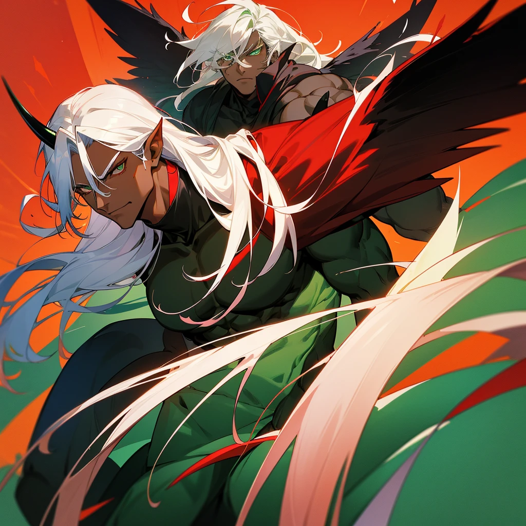 Male character, handsome, dark skin, black wings, wearing a red suit, long white hair, emerald green eyes, his appearance is that of a fire demon, his body is that of a fire demon with giant horns, bodybuilder, an intimidating appearance, blue background