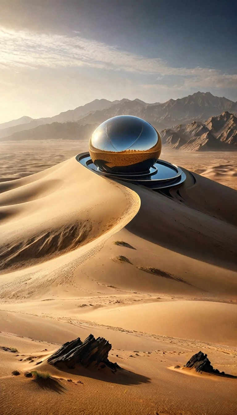 best quality, masterpiece, Ultra-high resolution, (lifelike:1.4), original photo,dune，Sci-fi scene，Architecture in the desert、Mountain Integration