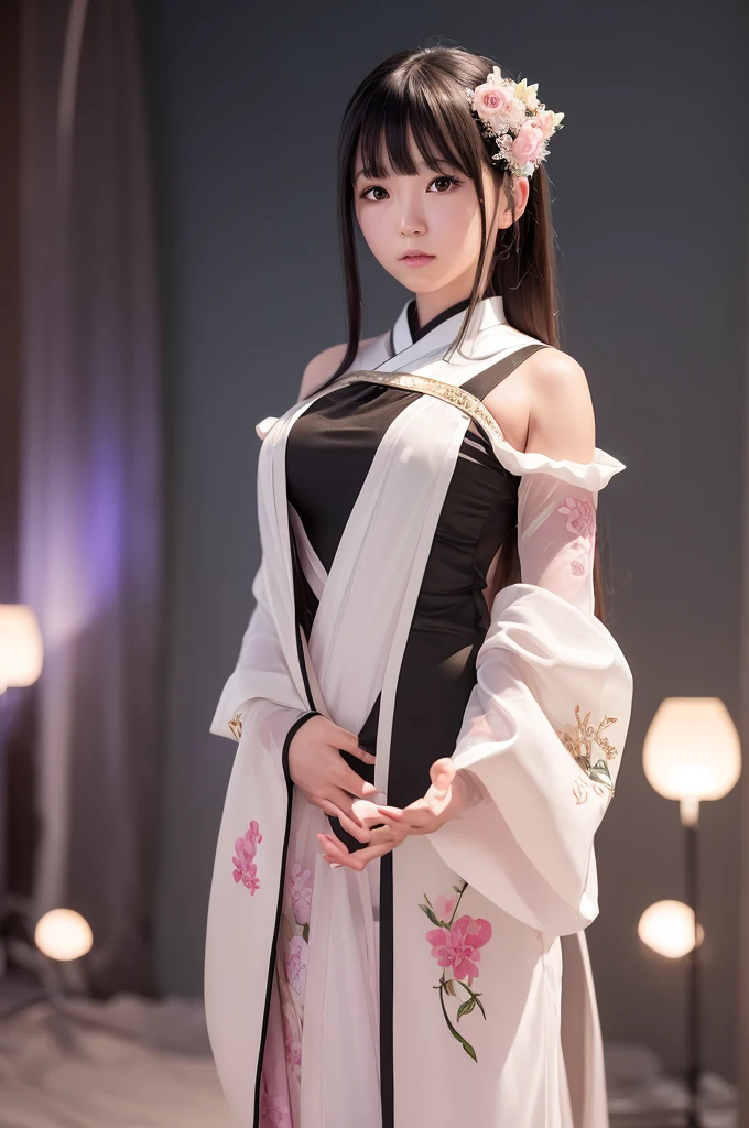 This image is、A super-realistic live-action illustration of a beautiful Japanese girl character.。Characters、Wearing a black and transparent thin fabric outfit、Decorated with attention to detail。The background is mainly white.、Pink lights and effects are scattered here and there.、It creates a fantastic atmosphere。The character is posed simply standing facing forward.、Her eyes shine brightly、Gives an attractive impression。The technique of illustration、The use of light and shadow is very realistic.、The texture of the character&#39;s hair and clothing is drawn in detail.。The composition is neat and vertical.、Overall it is a beautifully balanced piece.。
