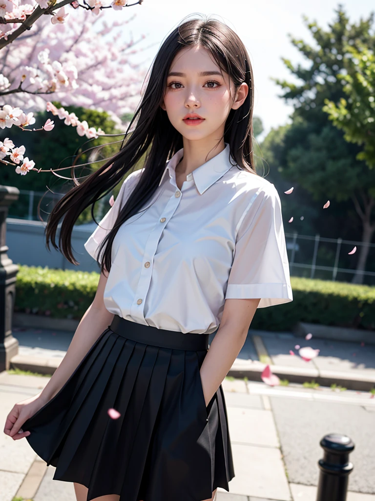 1girl, black skirt, branch, building, chain-link fence, cherry blossoms, fence, long hair, outdoors, petals, pleated skirt, rain, shirt, short sleeves, skirt, solo, standing, tree,
sky,street,Raw, cinematic shot, (sharp focus:1.5), (photorealistic:1.4), twilight lighting, volumetric lighting, ultra high res, 16K,dramatic lighting,