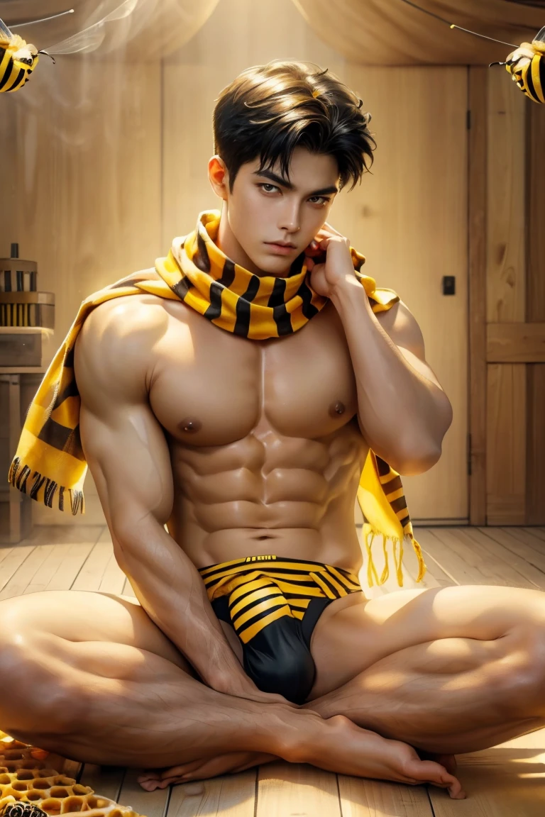 (8K, RAW photos, Highest quality) masterpiece, 1 male, 18 years old, bee man, black hair, good body, has skin like a bee, black and yellow striped skin. Body covered in honey. has bee antennae on the head, has bee wings. ,Asian muscular man, outlines his big, muscular breasts, sexy six pack. Show the whole body, naked ((genitals covered with a yellow scarf) (. sitting pose, in a pile of honeycomb.