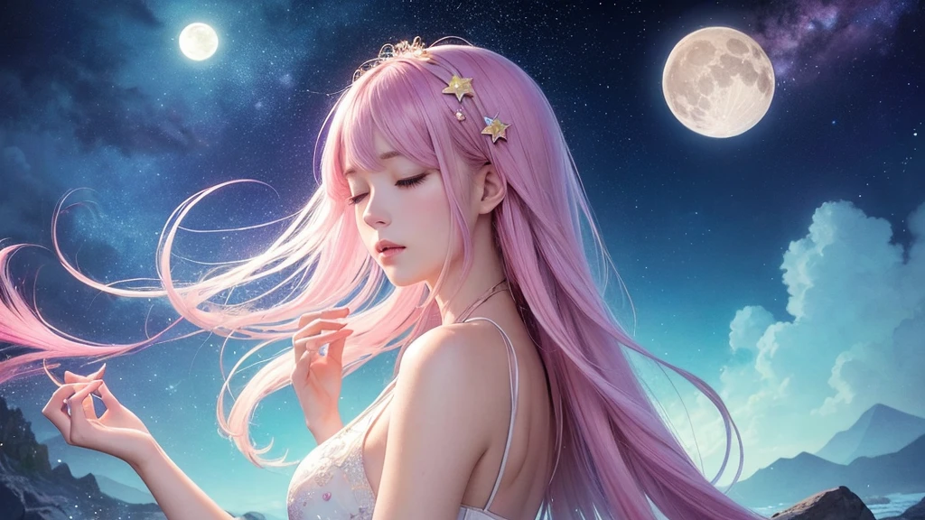 (masterpiece, top quality, best quality,watercolor (medium),official art, beautiful and aesthetic:1.2),(1girl:1.3), (fractal art:1.3),upper body, from side, looking at viewer,patterns,(rainbow color Hair,colorful hair,half blue and half pink hair:1.2),water,liquid, cloud,colorful, starry,stars,,moon,star night, "Generate an image of the character with the background changed to a fantastical night scene, like Orihime, featuring a mystical and dreamlike atmosphere with a luminous moon, sparkling stars, and an ethereal glow."Closed eyes while listening to music