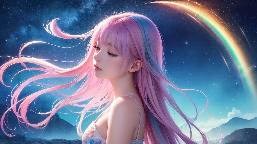 (masterpiece, top quality, best quality,watercolor (medium),official art, beautiful and aesthetic:1.2),(1girl:1.3), (fractal art:1.3),upper body, from side, looking at viewer,patterns,(rainbow color Hair,colorful hair,half blue and half pink hair:1.2),water,liquid, cloud,colorful, starry,stars,,moon,star night, "Generate an image of the character with the background changed to a fantastical night scene, like Orihime, featuring a mystical and dreamlike atmosphere with a luminous moon, sparkling stars, and an ethereal glow."Closed eyes while listening to music