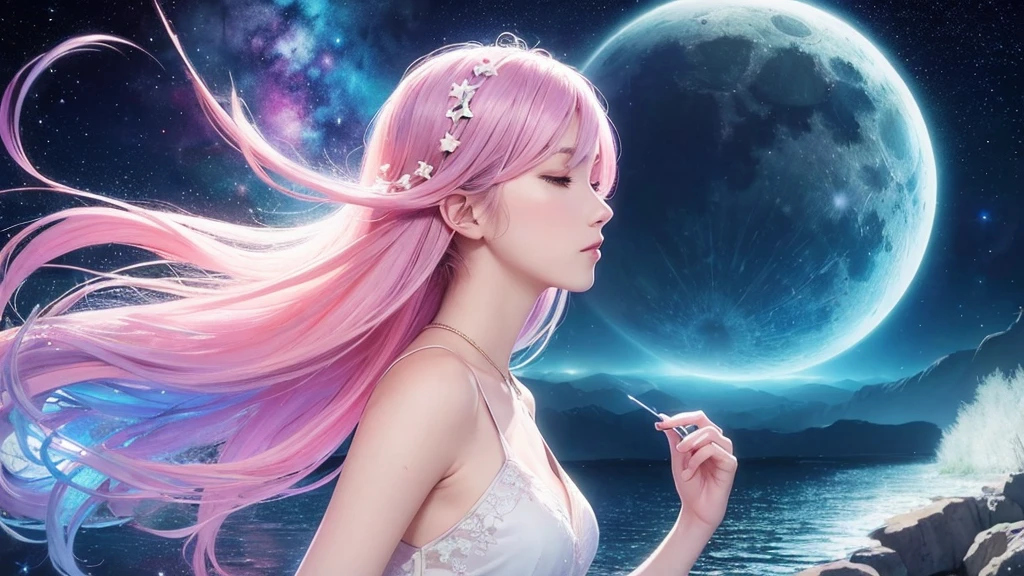 (masterpiece, top quality, best quality,watercolor (medium),official art, beautiful and aesthetic:1.2),(1girl:1.3), (fractal art:1.3),upper body, from side, looking at viewer,patterns,(rainbow color Hair,colorful hair,half blue and half pink hair:1.2),water,liquid, cloud,colorful, starry,stars,,moon,star night, "Generate an image of the character with the background changed to a fantastical night scene, like Orihime, featuring a mystical and dreamlike atmosphere with a luminous moon, sparkling stars, and an ethereal glow."Closed eyes while listening to music