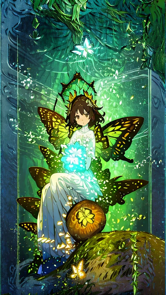 1 girl, dark brown hair, gold eyes, White skin, dressed in a white dress with lace and pleats, butterfly shaped fairy wings, majestic and elegant posture, whole body, sitting on a tree throne, green lights, flower crown on her head, soft smile, gentle.