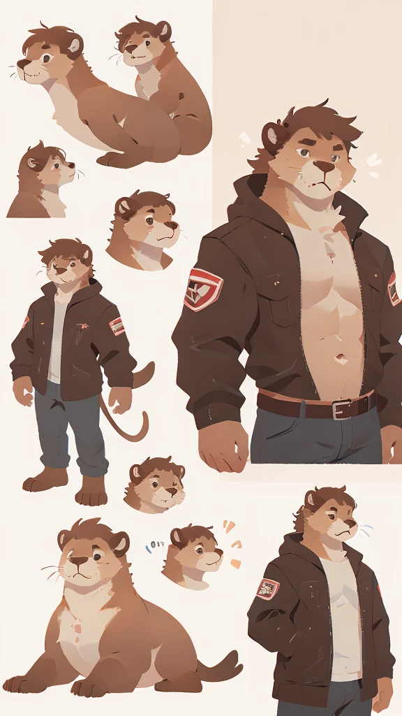 Male Furry, 23 years old, male, furry, fluffy, anthropomorphic, light brown-brown, sea lion, reference sheet, full body, detailed features, bushy tail, sharp teeth, realistic fur texture, Medium: Digital Illustration, Front View and rear view, high resolution, professional quality, intricate skin patterns, tough but charismatic personality, attention to anatomy, designed facial structure, in mechanic's clothing, Tall, masculine, without clothes, detailed expressions, well-made eyes