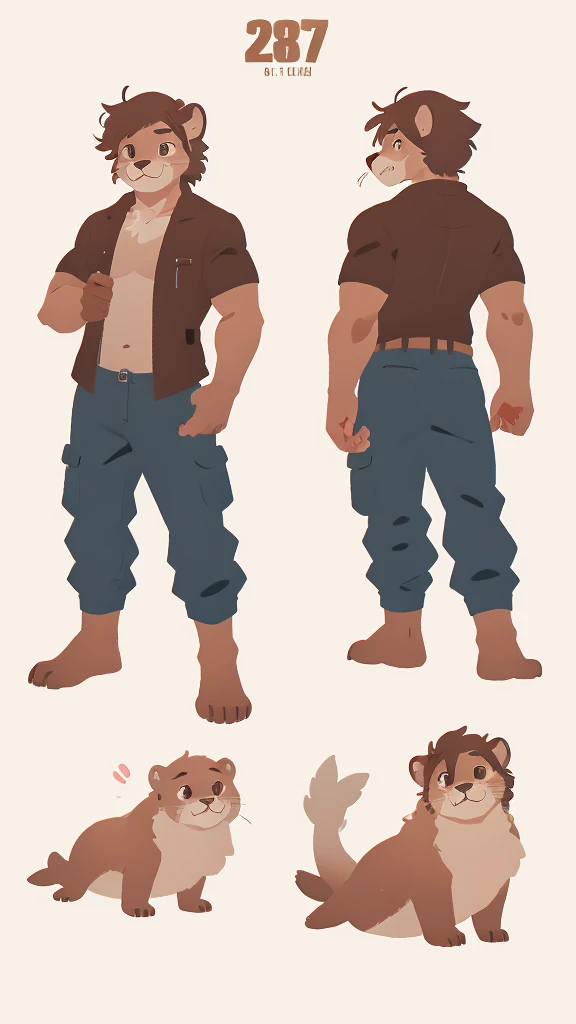 Male Furry, 23 years old, male, furry, fluffy, anthropomorphic, light brown-brown, sea lion, reference sheet, full body, detailed features, bushy tail, sharp teeth, realistic fur texture, Medium: Digital Illustration, Front View and rear view, high resolution, professional quality, intricate skin patterns, tough but charismatic personality, attention to anatomy, designed facial structure, in mechanic's clothing, Tall, masculine, without clothes, detailed expressions, well-made eyes