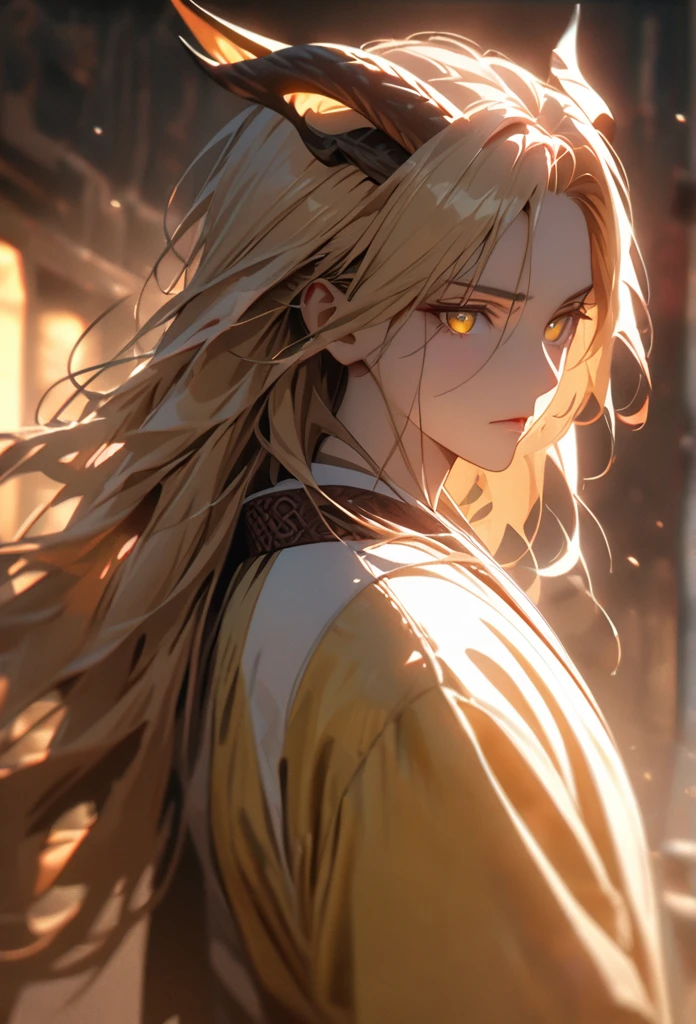 (solo), masculine, yellow hair, messy hair, mane hair, long hair, dense hair, wild hair, expressive hair, mature,(25 year old), pale skin, yellow eyes, ((man)), wearing a long white and blue chinese robe, serious, ((Yellow dragon horns)), handsome, attractive, eye reflection, depth of field, thunder aura,cinematic lighting, ray tracing, depth of field, cinematic lighting, ray tracing, UHD, high details, best quality, highres, high quality, award winning, super detail, masterpiece, 8k, UHD, high details, best quality, highres, high quality, award winning, super detail, masterpiece, 8k, digital art, anime coloring, body shot, good face, perfect face, detailed face, good eyes, facing foward
