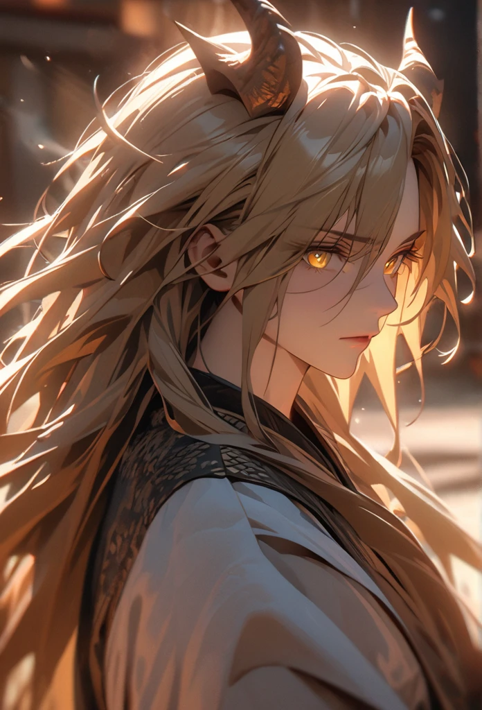 (solo), masculine, yellow hair, messy hair, mane hair, long hair, dense hair, wild hair, expressive hair, mature,(25 year old), pale skin, yellow eyes, ((man)), wearing a long white and blue chinese robe, serious, ((Yellow dragon horns)), handsome, attractive, eye reflection, depth of field, thunder aura,cinematic lighting, ray tracing, depth of field, cinematic lighting, ray tracing, UHD, high details, best quality, highres, high quality, award winning, super detail, masterpiece, 8k, UHD, high details, best quality, highres, high quality, award winning, super detail, masterpiece, 8k, digital art, anime coloring, body shot, good face, perfect face, detailed face, good eyes, facing foward