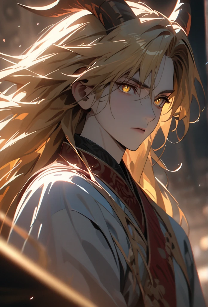 (solo), masculine, yellow hair, messy hair, mane hair, long hair, dense hair, wild hair, expressive hair, mature,(25 year old), pale skin, yellow eyes, ((man)), wearing a long white and blue chinese robe, serious, ((Yellow dragon horns)), handsome, attractive, eye reflection, depth of field, thunder aura,cinematic lighting, ray tracing, depth of field, cinematic lighting, ray tracing, UHD, high details, best quality, highres, high quality, award winning, super detail, masterpiece, 8k, UHD, high details, best quality, highres, high quality, award winning, super detail, masterpiece, 8k, digital art, anime coloring, body shot, good face, perfect face, detailed face, good eyes, facing foward