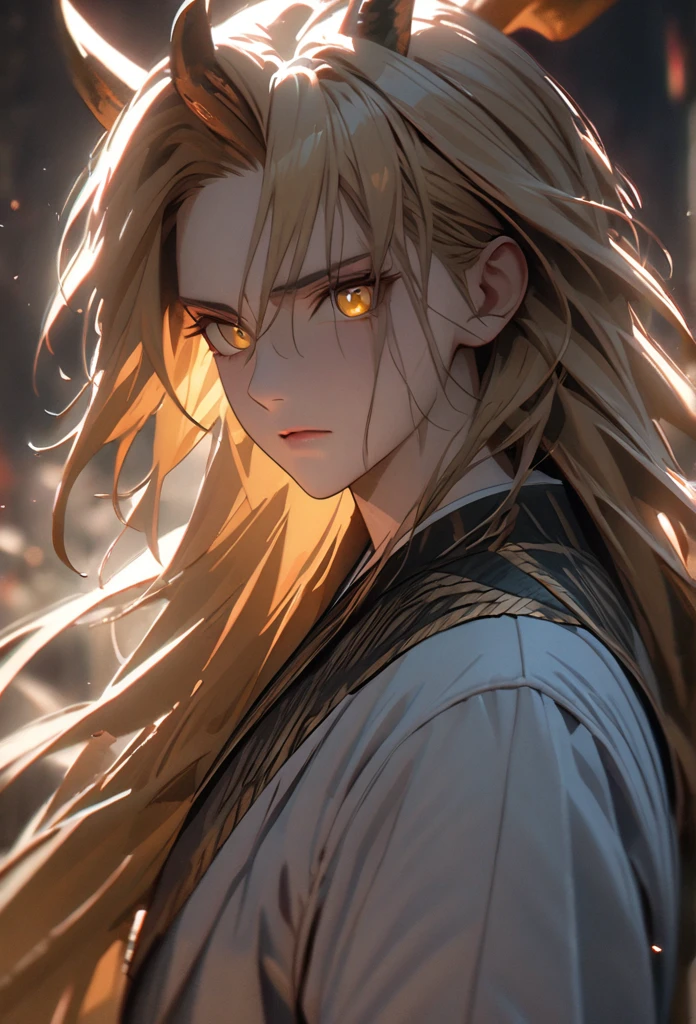 (solo), masculine, yellow hair, messy hair, mane hair, long hair, dense hair, wild hair, expressive hair, mature,(25 year old), pale skin, yellow eyes, ((man)), wearing a long white and blue chinese robe, serious, ((Yellow dragon horns)), handsome, attractive, eye reflection, depth of field, thunder aura,cinematic lighting, ray tracing, depth of field, cinematic lighting, ray tracing, UHD, high details, best quality, highres, high quality, award winning, super detail, masterpiece, 8k, UHD, high details, best quality, highres, high quality, award winning, super detail, masterpiece, 8k, digital art, anime coloring, body shot, good face, perfect face, detailed face, good eyes, facing foward