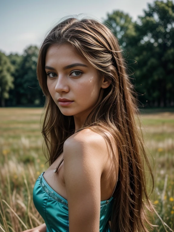 One Girl, 20-year-old.Wearing Russian national costume, mule deer、Aesthetic artwork, Beautiful Russian Model, Straight dark blonde hair, Front view、Shoulder-length hair, Beautiful Slavic face, Bright Blue Eyes, Fair skin, Thin face,(Textured skin, Skin pores:1.1), It gives me goosebumps, Seductive pose, On the grass、sunny, Natural light, Nikon Z8 + NIKKOR Z 24-120mm f/4 seconds