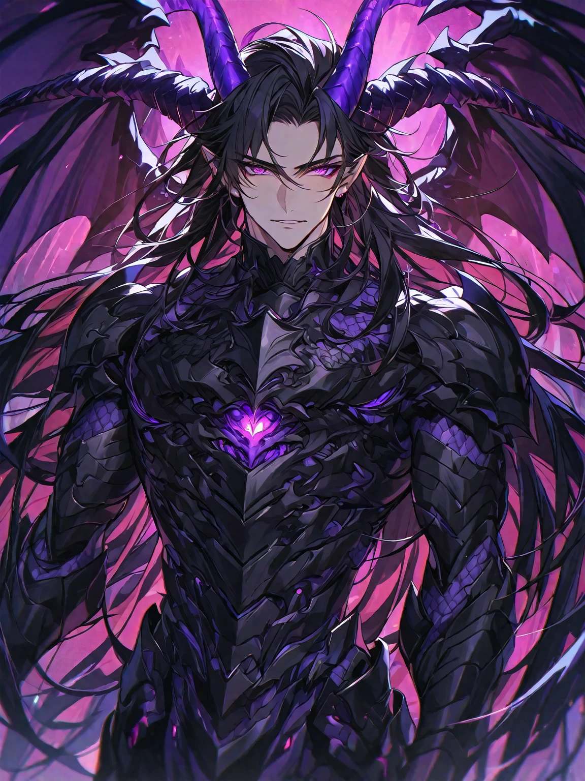 One, handsome, 1 man, with a sporty body, V-shaped body, black detailed armour with glowing purple details, black dragon horns, black dragon wings long hair, black hair, purple with red reptile eye tones, purple threads, black light