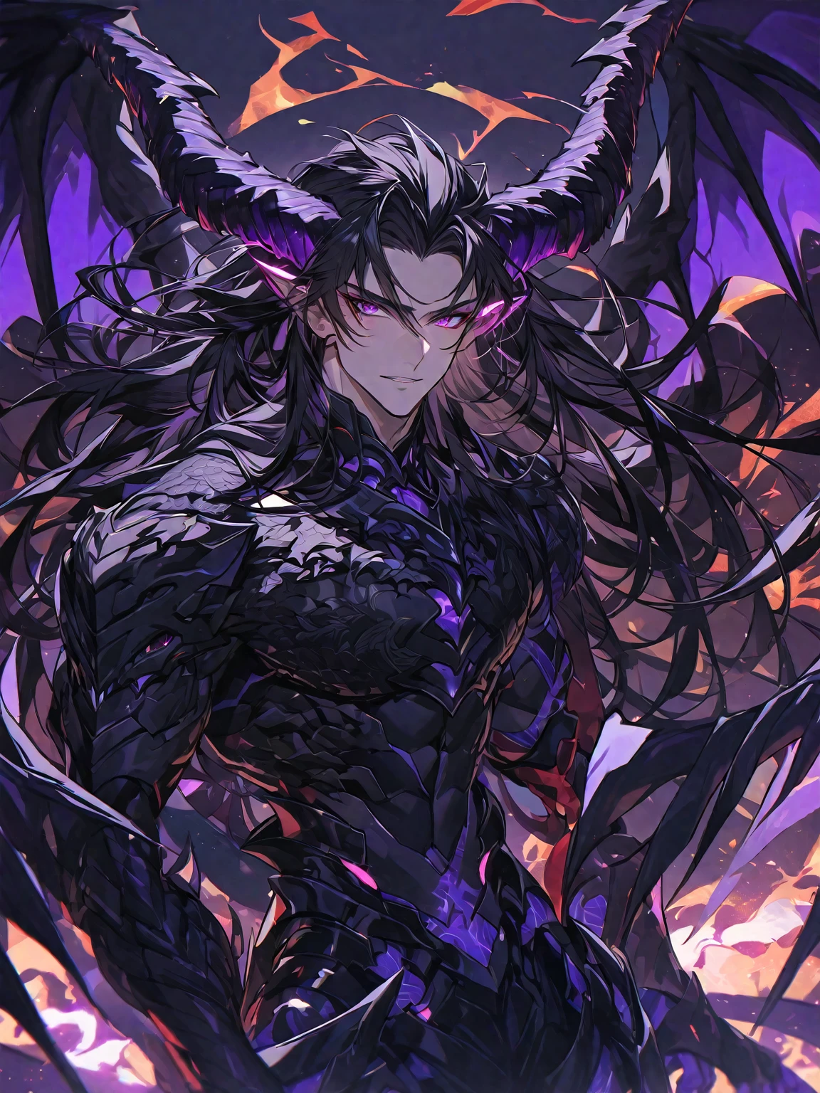 One, handsome, 1 man, with a sporty body, V-shaped body, black detailed armour with glowing purple details, black dragon horns, black dragon wings long hair, black hair, purple with red reptile eye tones, purple threads, black light