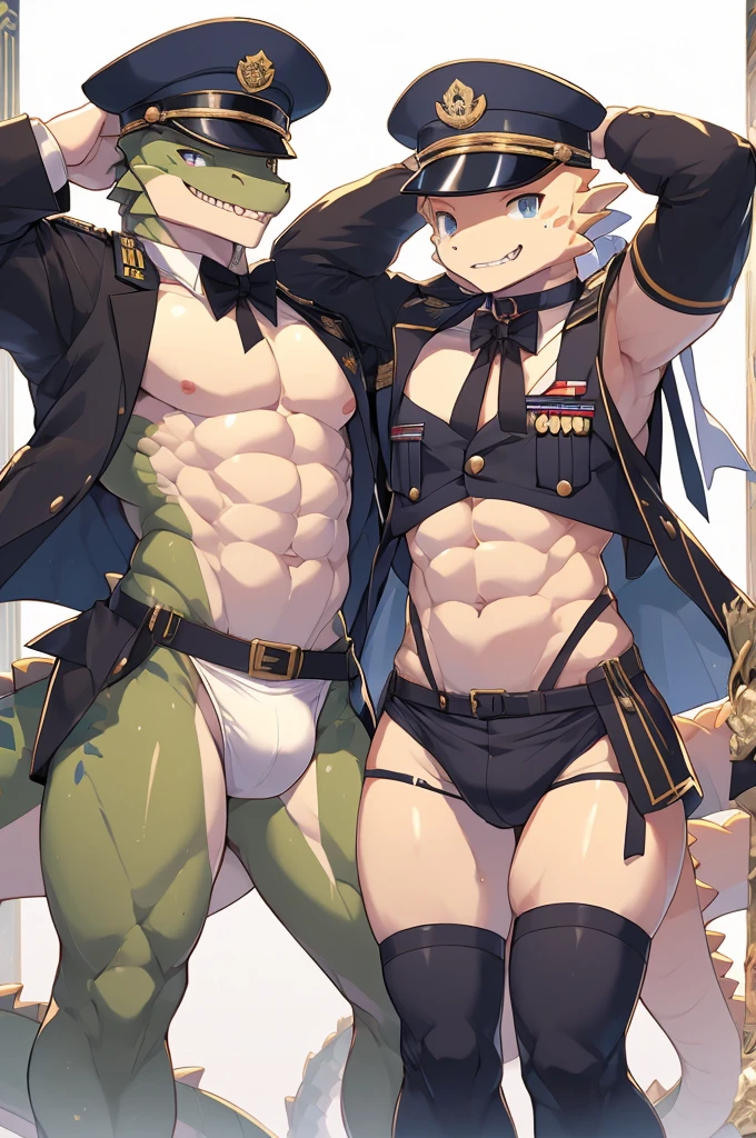 Highest quality、Sexy Baby Lizardman、Skimpy、Shota、maleの子、male、Sweat、Embarrassing、Gay、Triumphal Parade、cute、Knee-high socks、frilled choker、Obscene language、Showing jagged teeth、toplesagazine cover style illustration、bow tie、salute、military cap、Get a tip、Belly button style military uniform、navy、Minimal Panties、Group shot