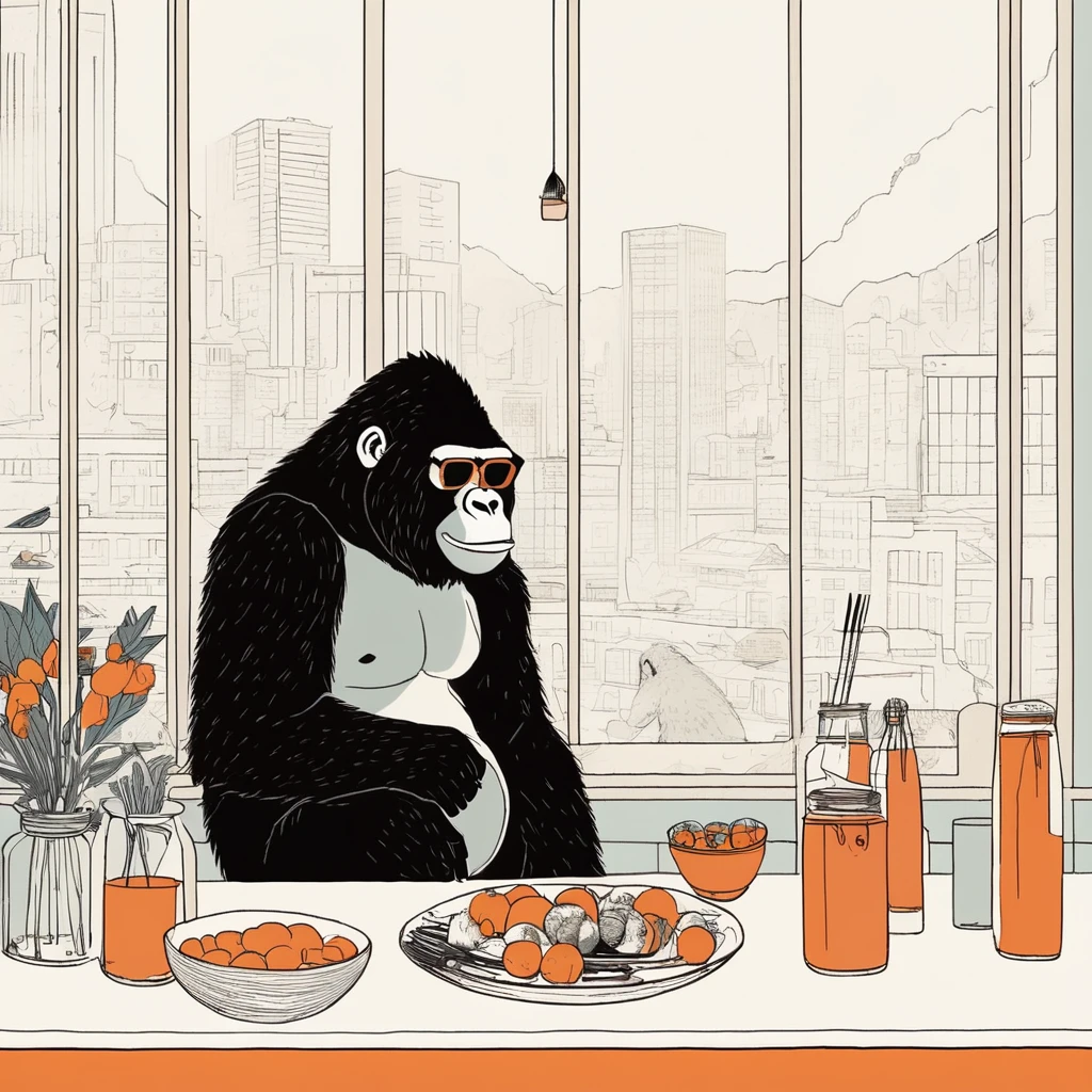 gorilla-like , sweet,art by Sophie Roach , art by Jon Klassen , art by Michael Cho , art by Sophie Roach、sunglasses,cooking,city