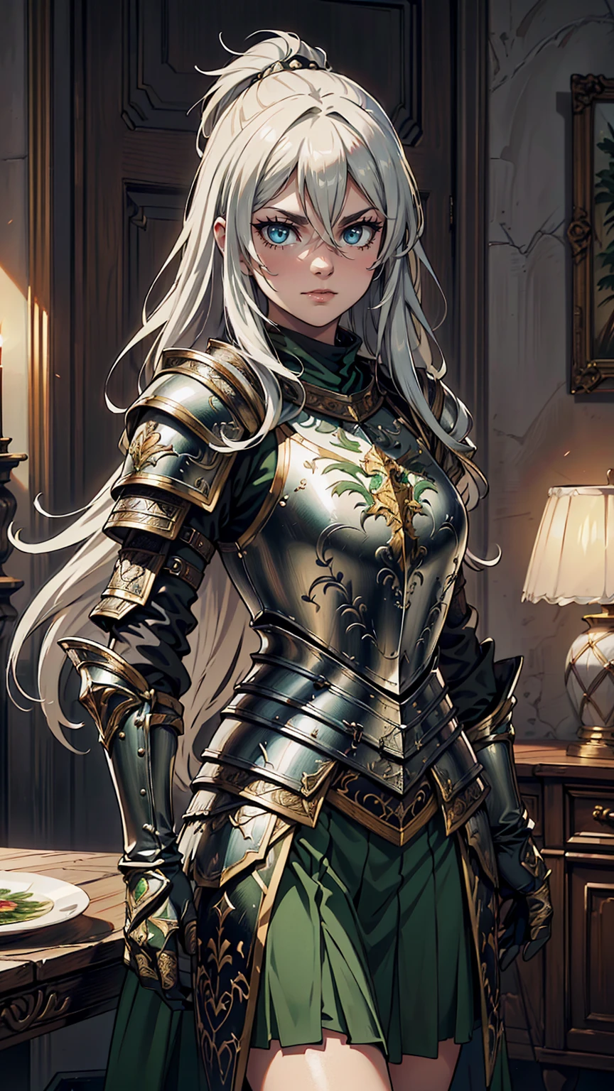 最high quality、Ultra High Definition, Ultra High Quality, Hyper Definition, Hyper Quality, Hyper Detailed, Extremely Detailed, Perfectly Detailed, Best image quality、masterpiece、anime woman((20-year-old、super dynamic pose , Green solid eyes, Silver long Hair、Disheveled Hair、Long White Hair, Glove、Green Skirt, Noble Armor, Smirk, cheerful expression, Detailed Cuirass , Dressed in Full Coverage Noble Plate Armor)),high quality、Beautiful art、background((Inside the mansion))、Written boundary depth、 movie、Visual Arts、Perfect art、8K,Genuine、