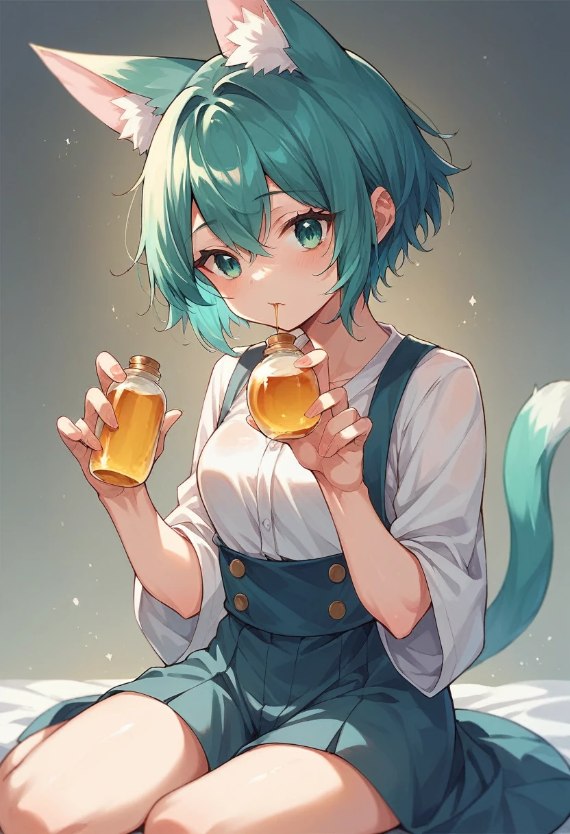 a closeup of a cartoon character with fox ears, fox girl, mikudayo, anime moe art style, Cat Mimi, short hair, anime girl with teal hair, eyes color of honey