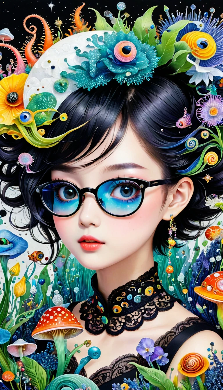 Three-dimensional painting。???头上的snails房子，Exaggerated plant glasses。Black layered lace collar。。Spiky hair，Artists from the stars，Colorful black，A world of color，Dopamine，mouth，A cloud、snails、iris、fish、Tentacles、bird、Eye、diatom，Abstract mosaic painting，Describing the inner world of autism，Sense of space，White Space，interesting，Innocence，Psychedelic Art，Black overall