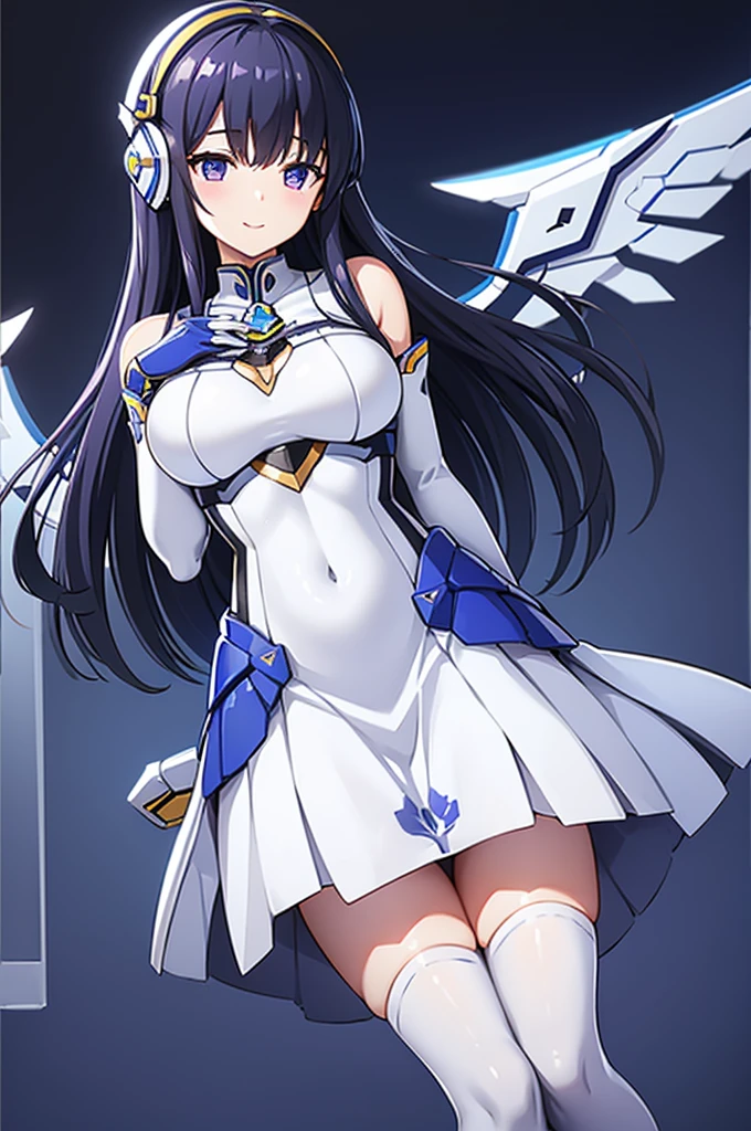 Mecha Wings、White and blue skirt、Accentuated thighs、White tights、chest、Beautiful black hair、1 girl、solo girl、Thick thighs、is、Frame Arms Girl、Alice Gere Aegis、White Armor、Blue and purple lines、income、headphone、hand on own chest、smile、idol costume、Shiba Miyuki