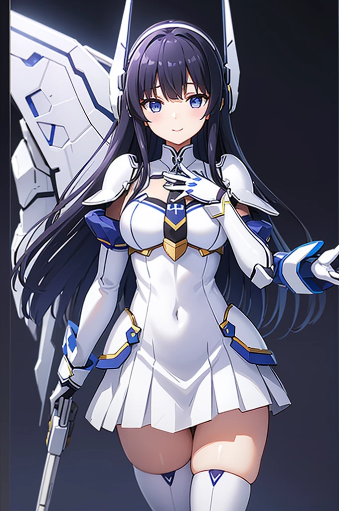 Mecha Wings、White and blue skirt、Accentuated thighs、White tights、chest、Beautiful black hair、1 girl、solo girl、Thick thighs、is、Frame Arms Girl、Alice Gere Aegis、White Armor、Blue and purple lines、income、headphone、hand on own chest、smile、idol costume、Shiba Miyuki